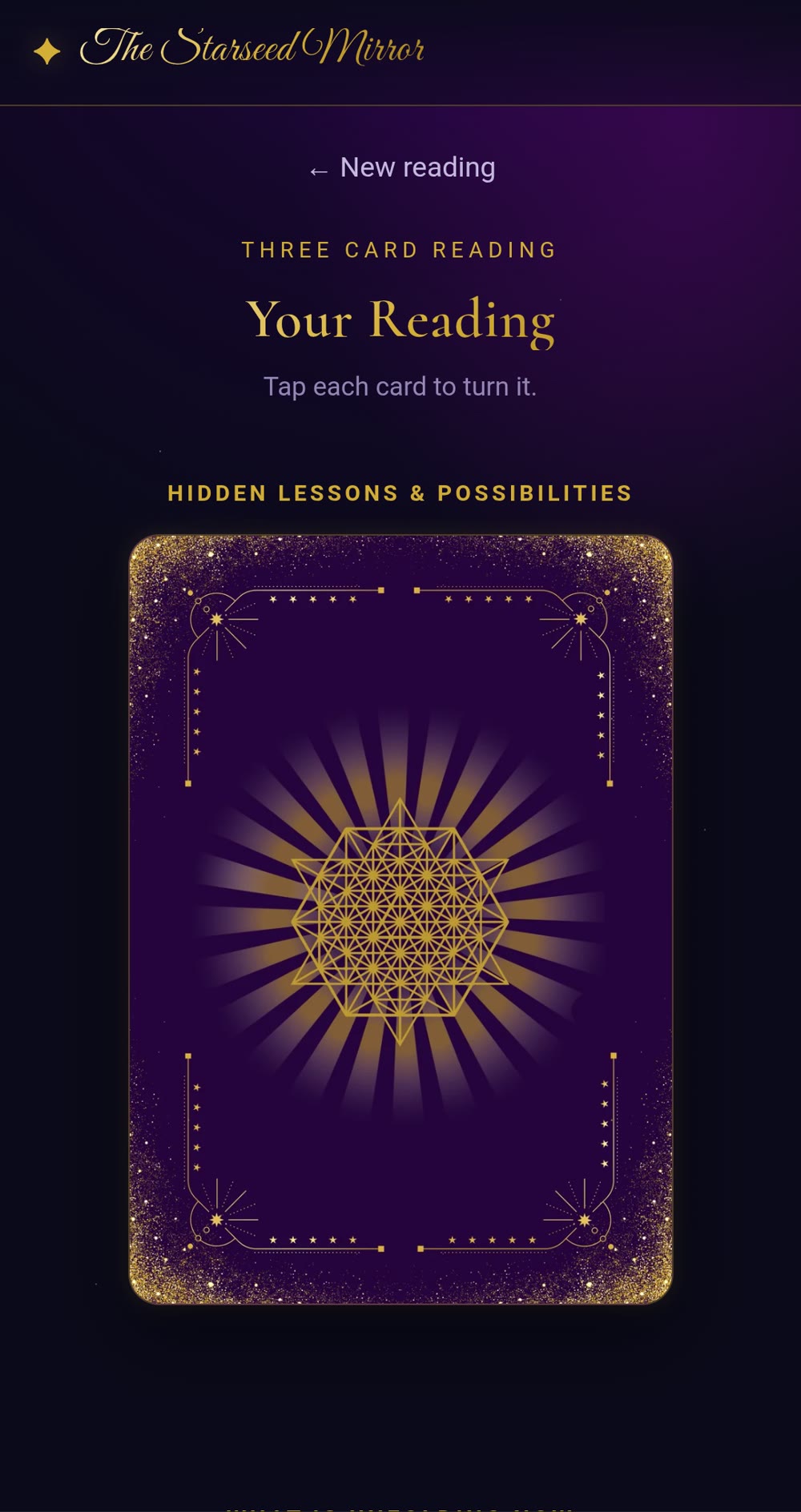 Starseed Mirror card back — gold sacred geometry on aubergine