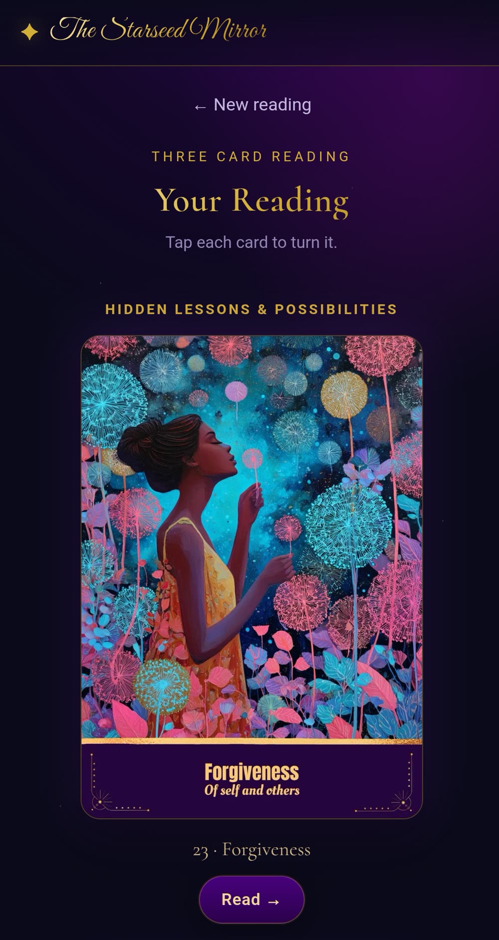 A revealed Starseed Mirror oracle card — Forgiveness