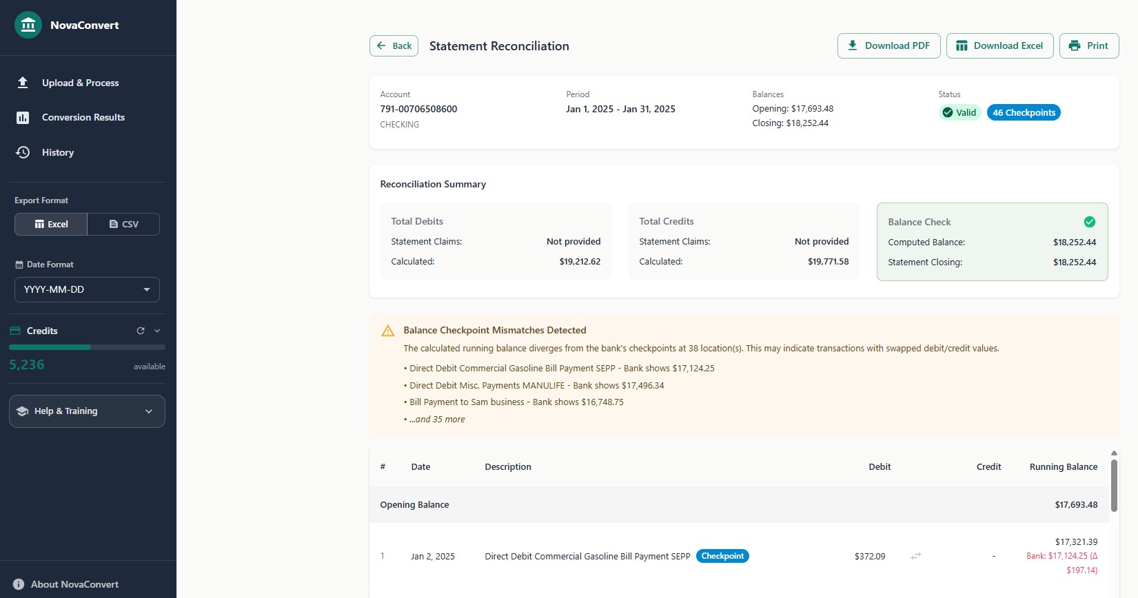 NovaConvert statement reconciliation interface